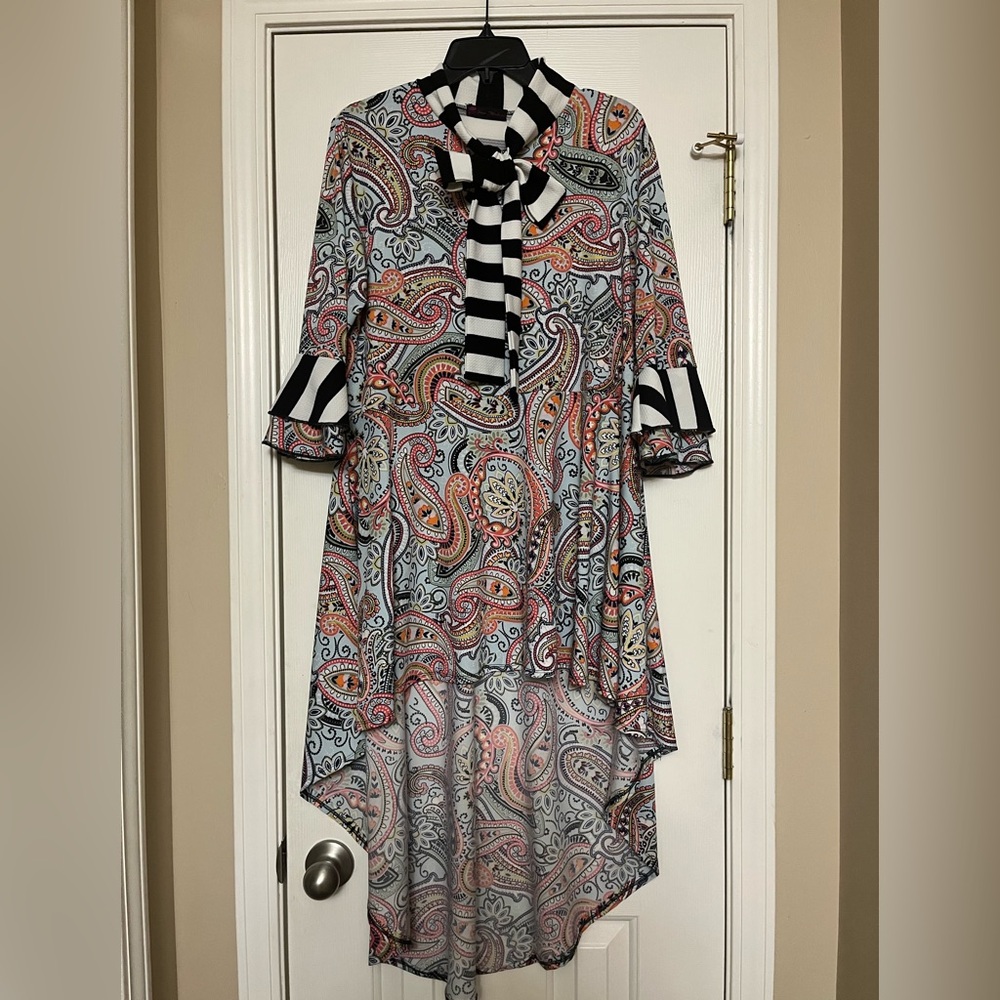 Paisley Print Dress with Black and White Accents